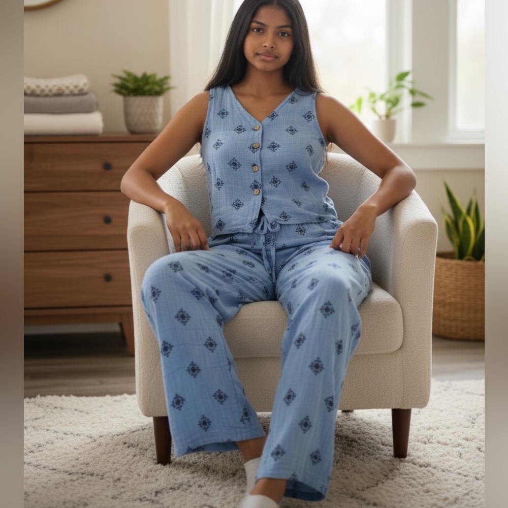 Blue Sleeveless Button-Up Set